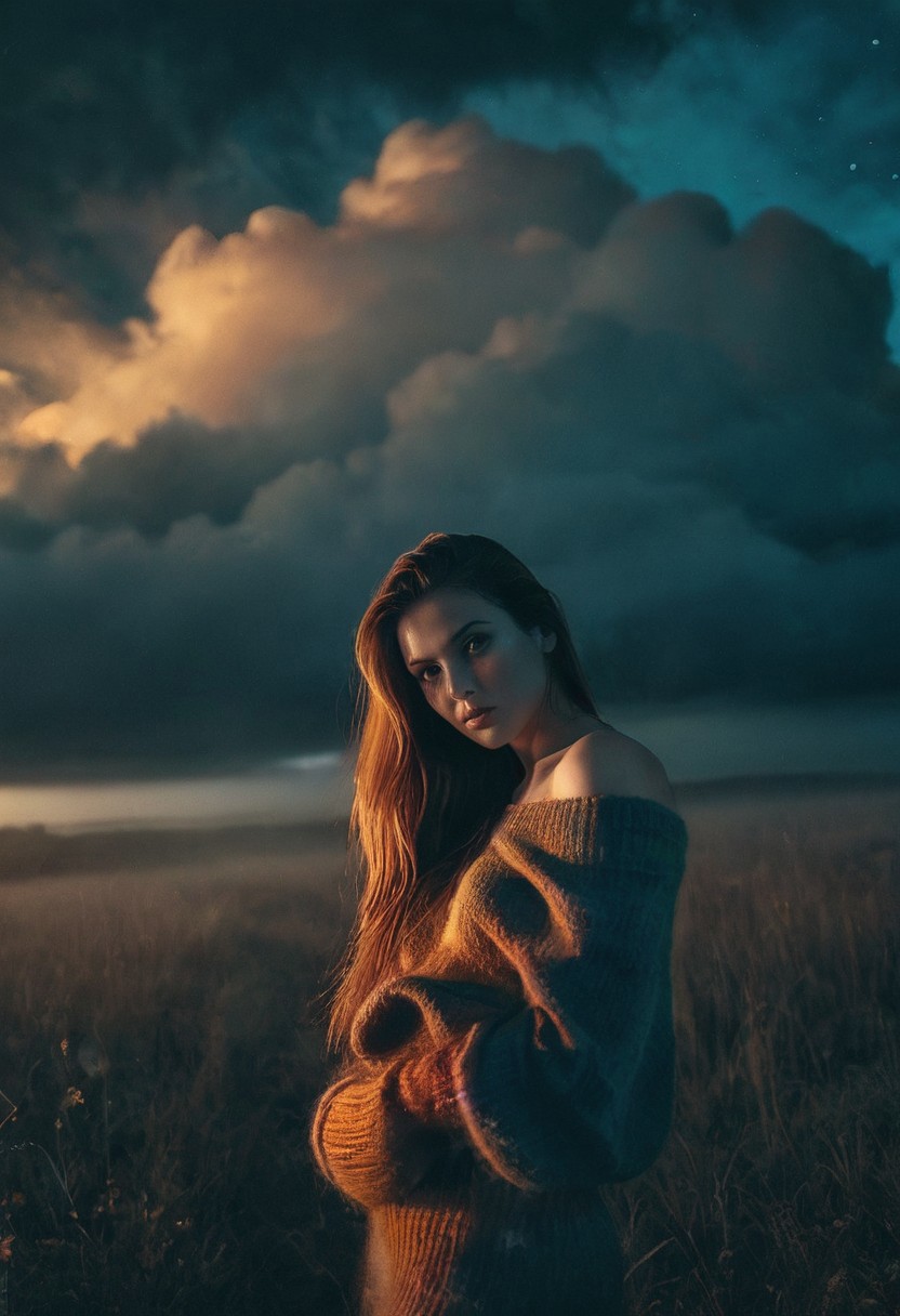A beautiful woman with long hair, standing on a grassland at dusk, looking into the camera, portrait photography, atmospheric clouds, dim light, dark blue and amber tones, wearing an off-the-shoulder sweater, minimalist style, warm colors, high-definition details, and soft lighting, in the style of [Artist name]. edgy, volumetric fog, mist, (atmospheric, ethereal, bokeh:1.1),