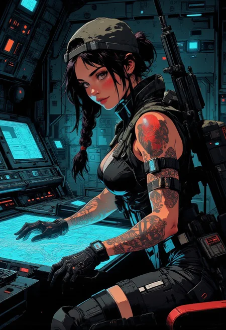 In the style of ff-td, nistyle, Silhouette Art, magnificent, inksplash, crisp lines, closeup portrait of stunning sci-fi space marine, flight deck, spaceship control room, beautiful girl, breasts, curvy, looking at viewer, holographic displays, leaning against table, rifle on back, smirk, holographic map table, dark braided hair, backwards hat, armor, chest armor, sci-fi armor, sleeveless, arm sleeve tattoos, muscle tone, dogtags, armored legs, sweaty, directional lighting, dark background, blue lights, foreshortening, depth of field,
Closeup, detailed face, freckles,