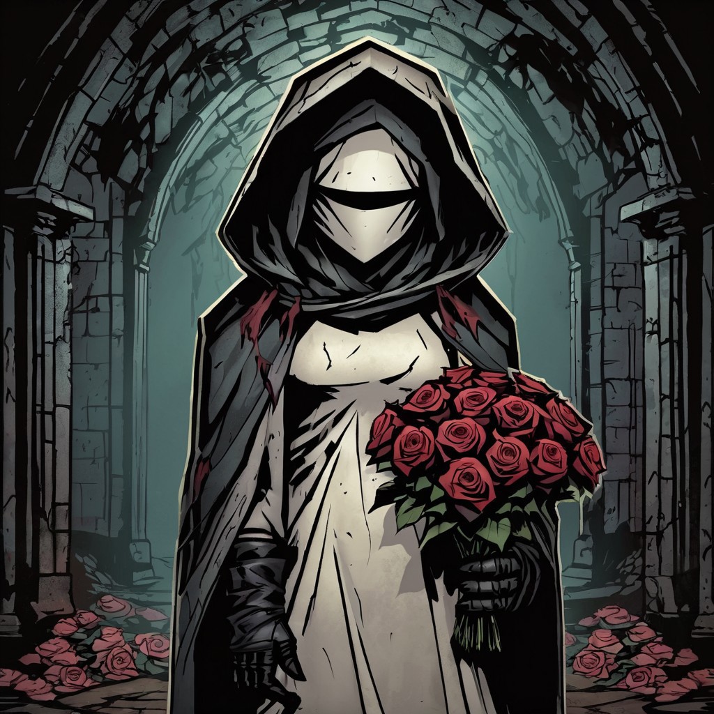 high-definition 8k comicish artwork in dgst artstyle of a young woman with hood over face, (wearing a white simple wedding dress with black boots and elbow gloves:1.3), standing in front of dark tunnel, holding bouquet of roses, symmetrical