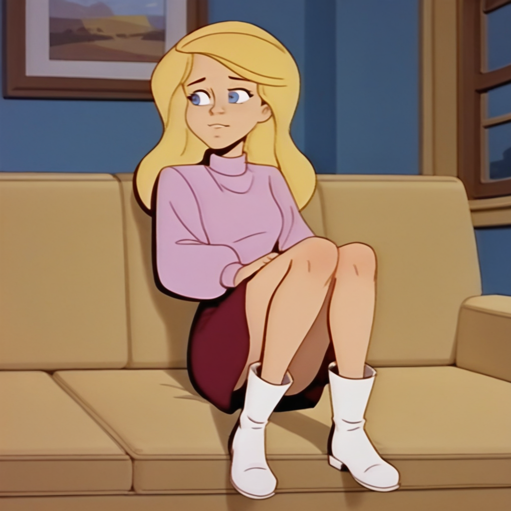 score_9_up, score_8_up, BREAK, Jiffy, 1girl, solo, blonde hair, long hair, blue eyes, pink turtleneck sweater, skirt, white boots, <lora:Jiffy_MightyMax_PXL_Leaf1:1>, indoors, sitting on couch,