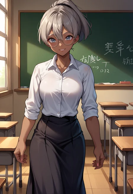 score_9, score_8_up,score_7_up, source_anime, 1girl, solo, <lora:EPpkBea:1>, short hair, grey hair, dark-skinned female, dark skin, hair between eyes, grey eyes, Saitou, indoors, classroom, white shirt, collared shirt, black skirt, long skirt, ponytail, round eyewear, teacher, chalkboard, smile, writing,