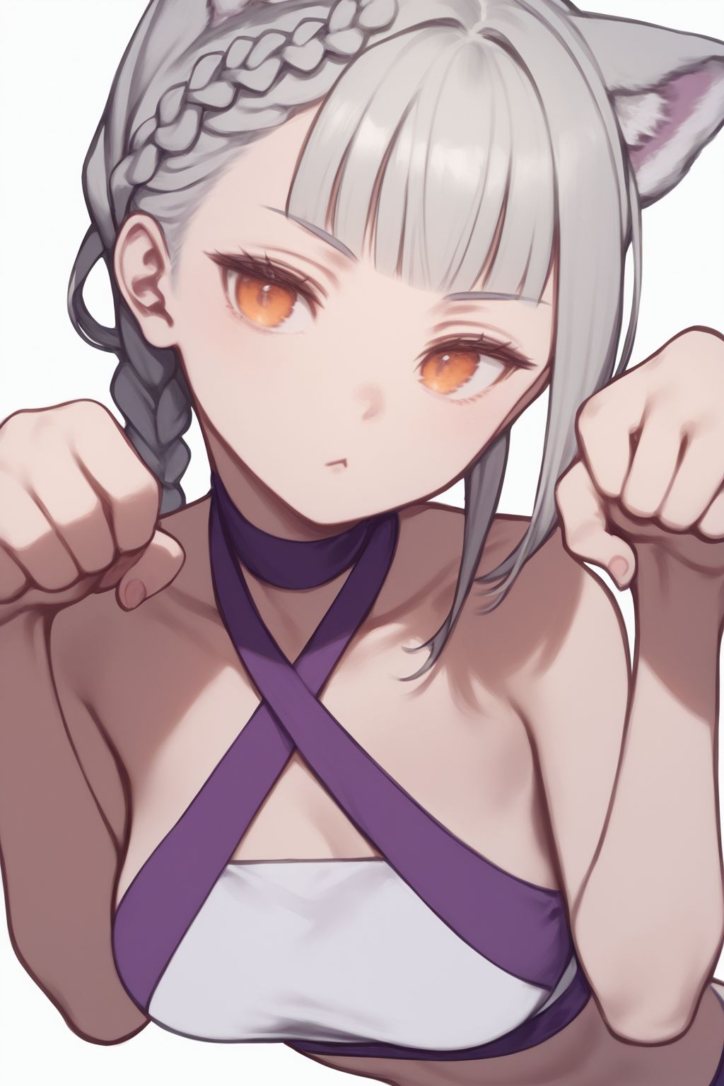 score_7_up, high resolution, 1girl, looking at viewer, paw pose, furrowed brow, light grey hair, braid, heavy fringe, orange eyes, medium breasts, purple criss-cross halter <lora:kuroboshi_kouhaku_PonyXL_style_v01.09:1>