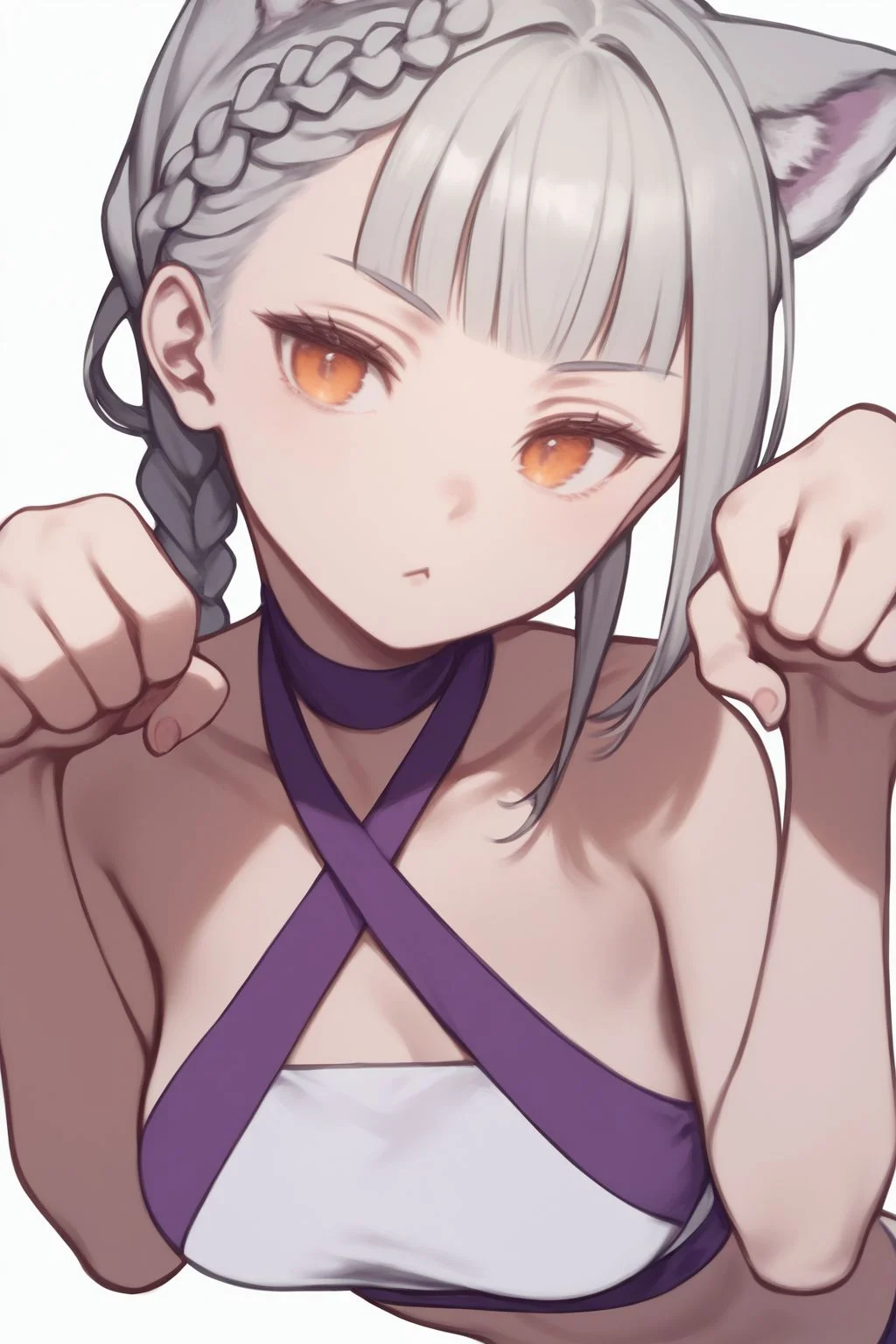 score_7_up, high resolution, 1girl, looking at viewer, paw pose, furrowed brow, light grey hair, braid, heavy fringe, orange eyes, medium breasts, purple criss-cross halter <lora:kuroboshi_kouhaku_PonyXL_style_v01.09:1>