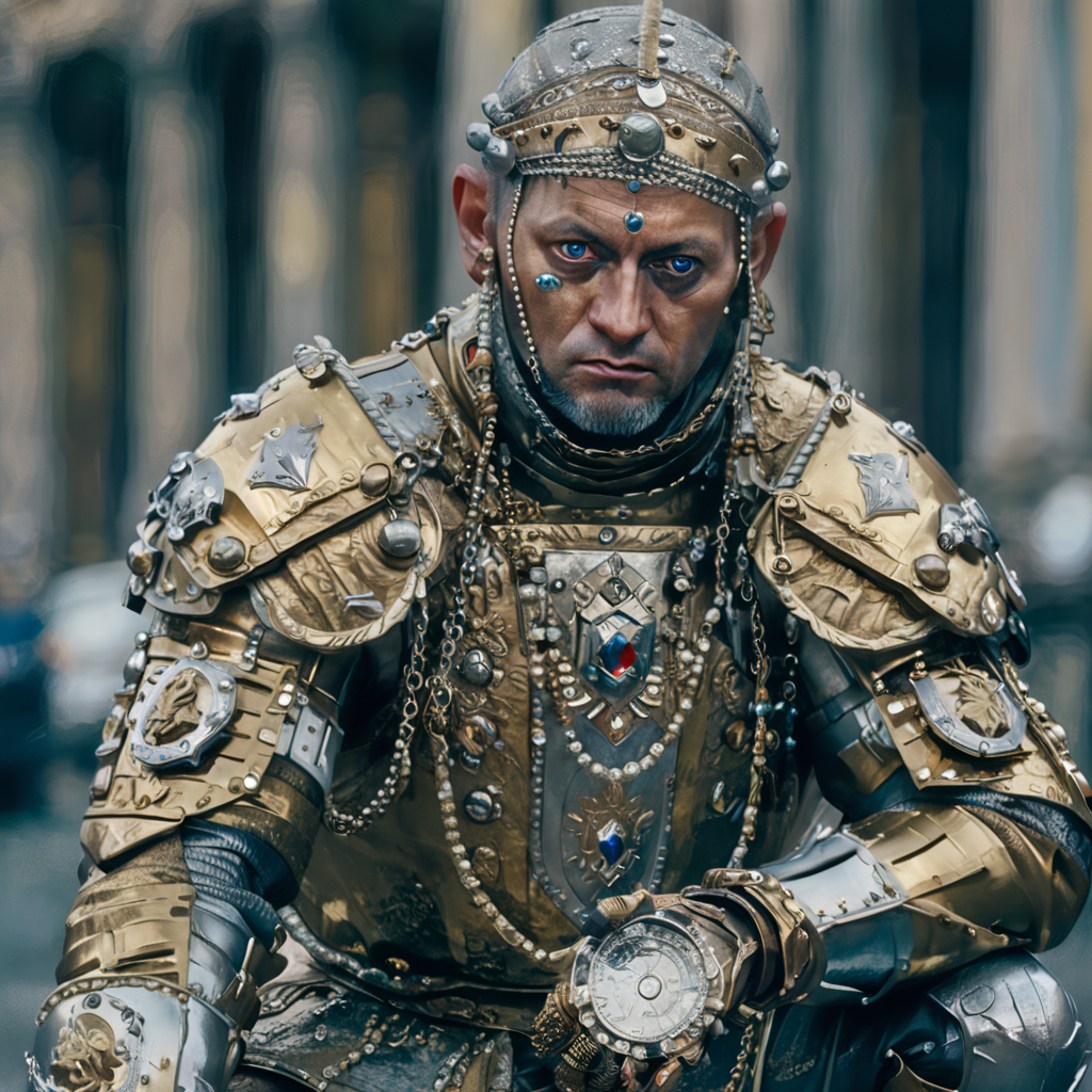 close-up man, street, kneeling knight, portrait, finely detailed armor, gold, silver, jewels, intricate design, by albertomielgo <lora:AlbertoMielgo_style2_SDXL:0.7>