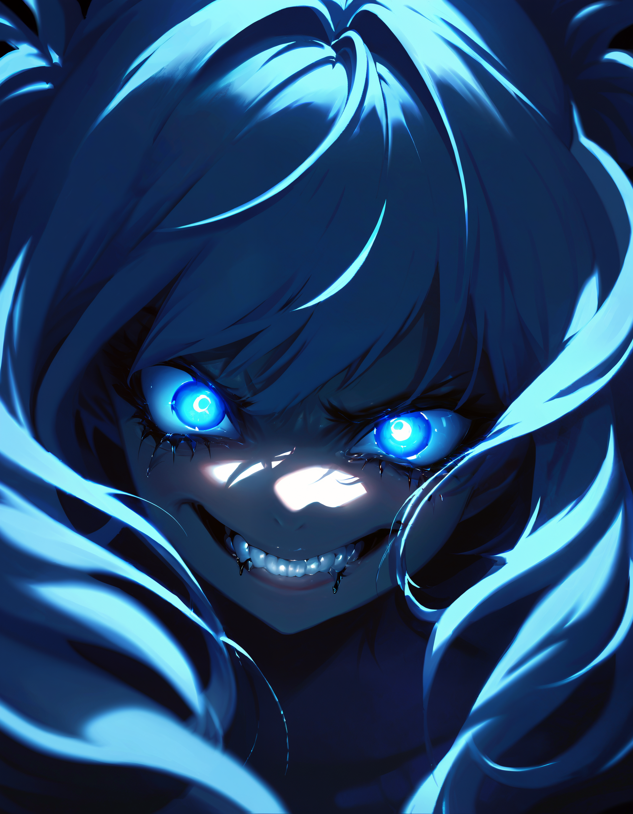 dark portrait of a face of a girl, high detail, 1girl, blue hair, glowing eyes, detailed iris, detailed eyes, bright pupils, looking down, low camera angle, clenched teeth, crazy smile, chiaroscuro, dark,