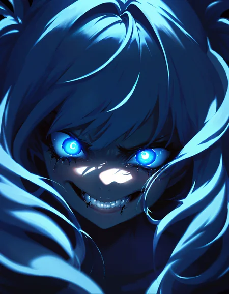 dark portrait of a face of a girl, high detail, 1girl, blue hair, glowing eyes, detailed iris, detailed eyes, bright pupils, looking down, low camera angle, clenched teeth, crazy smile, chiaroscuro, dark,