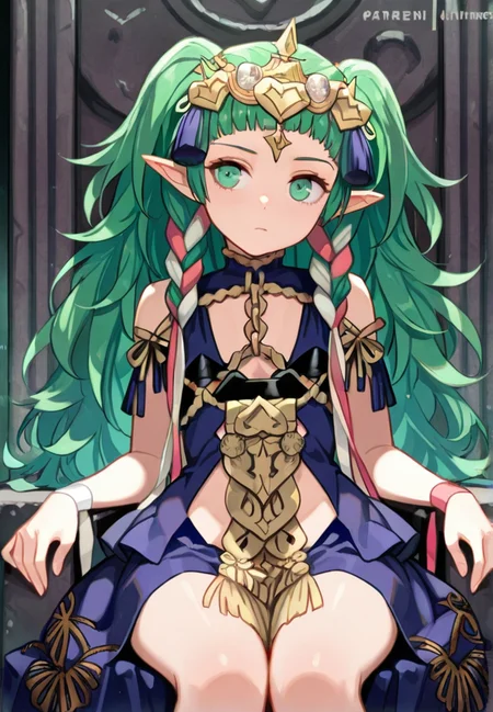 masterpiece, best quality, amazing quality, very aesthetic, absurdres, newest, detailed background, cowboy shot,
sothis, 1girl, ribbon braid, braid, solo, green hair, pointy ears, tiara, green eyes, throne, long hair, twin braids, hair ribbon, side braid, ribbon, sitting, hair ornament, closed mouth, barefoot, dress, artist name, jewelry
<lora:Sothis_-_Fire_Emblem_Three_Houses:1>, masterpiece, best quality, amazing quality, very aesthetic, absurdres, newest,