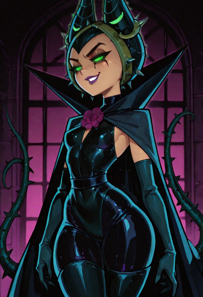 masterpiece, best quality, amazing quality, absurdres BREAK  Flower Empress Sam, horned escoffion, large cape, large popped collar, skintight bodysuit, boob window, sleeveless, dark green opera gloves, thigh high boots, headdress, torns, spikes, tendrils, carnation, solid green eyes, covered hair, runny mascara, wide hips, small breasts, glowing eyes, purple lips, sexy, alluring, seductive, femdom, dominatrix, sleeveless, evil eyes, evil smile, teasing