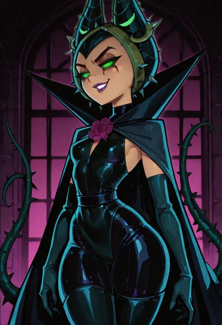 masterpiece, best quality, amazing quality, absurdres BREAK Flower Empress Sam, horned escoffion, large cape, large popped collar, skintight bodysuit, boob window, sleeveless, dark green opera gloves, thigh high boots, headdress, torns, spikes, tendrils, carnation, solid green eyes, covered hair, runny mascara, wide hips, small breasts, glowing eyes, purple lips, sexy, alluring, seductive, femdom, dominatrix, sleeveless, evil eyes, evil smile, teasing