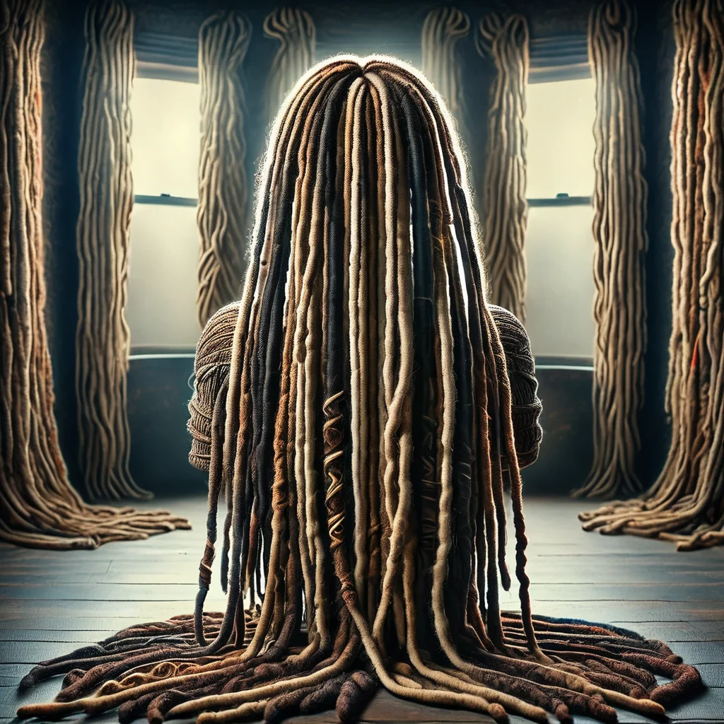 dreadx professional studio portrait of a Mona Lisa dreadlocks, made of intricate dreadlocks, professional lighting, cinematic dark background, dark<lora:dreadx:1>