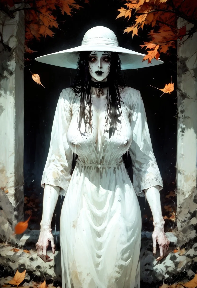 score_9, score_up_8, masterpiece, best quality, explicit,
hasshaku-sama, mature woman, large woman, tall woman, sagging breast, enormous breast, long hair, black hair, horror (theme), collar bone, bony body, skinny, anorexic, fall season, trees, red yellow and orange leaves, falling leaves, night, garden, Expressiveh, black lips