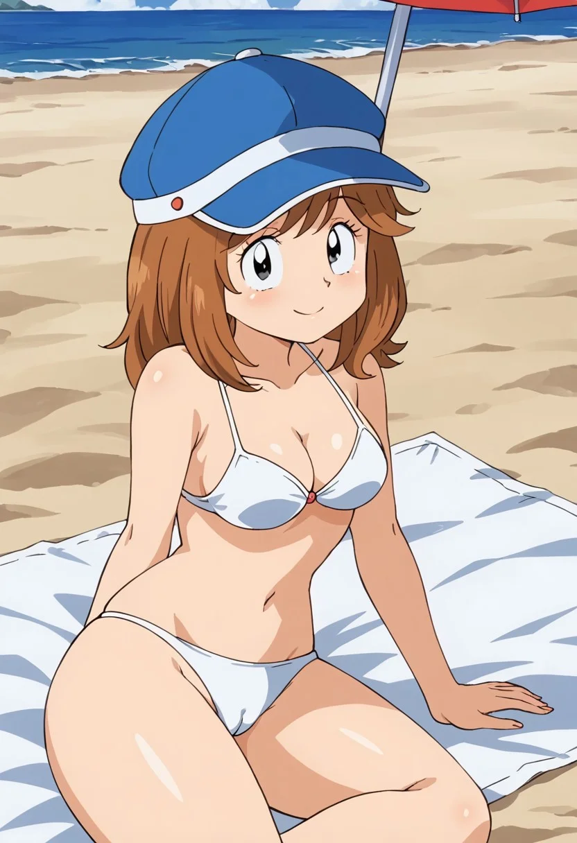 retro art style, 80's style, Hight Quality pic, very detailed pic, Machiko sensei, solo, feminine, sensual, pretty face, black eyes, brown hair, medium hair, white bikini, blue cap, medium breasts, cleavage, camel toe, lying on side, on sand, depth of field, ocean in background, umbrella, towel