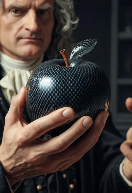 Isaac Newton, looking at a black cf_style apple he is holding in his hand, close-up, shallow depth of field, high resolution, masterpiece, 8k