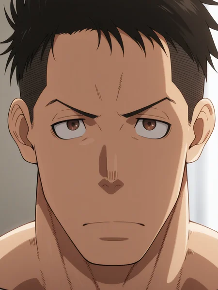 Akitaru Obi, brown eyes, short hair masterpiece, best quality, amazing quality, 1 boy, solo, male focus, Mature men, manly, face focus