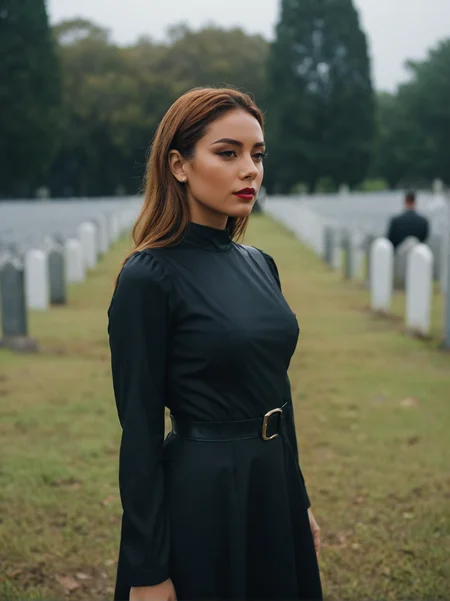 A dynamic cinematic photograph of Anna_Bianchi_P_MXAI_SDXL , tearful sad expression, "ready-for-a-funeral", black dress, looking down, in a rainy graveyard at dusk, ((full body shot)), PA7_Portrait-FL, SK_CINEMATIC, ziprealism
