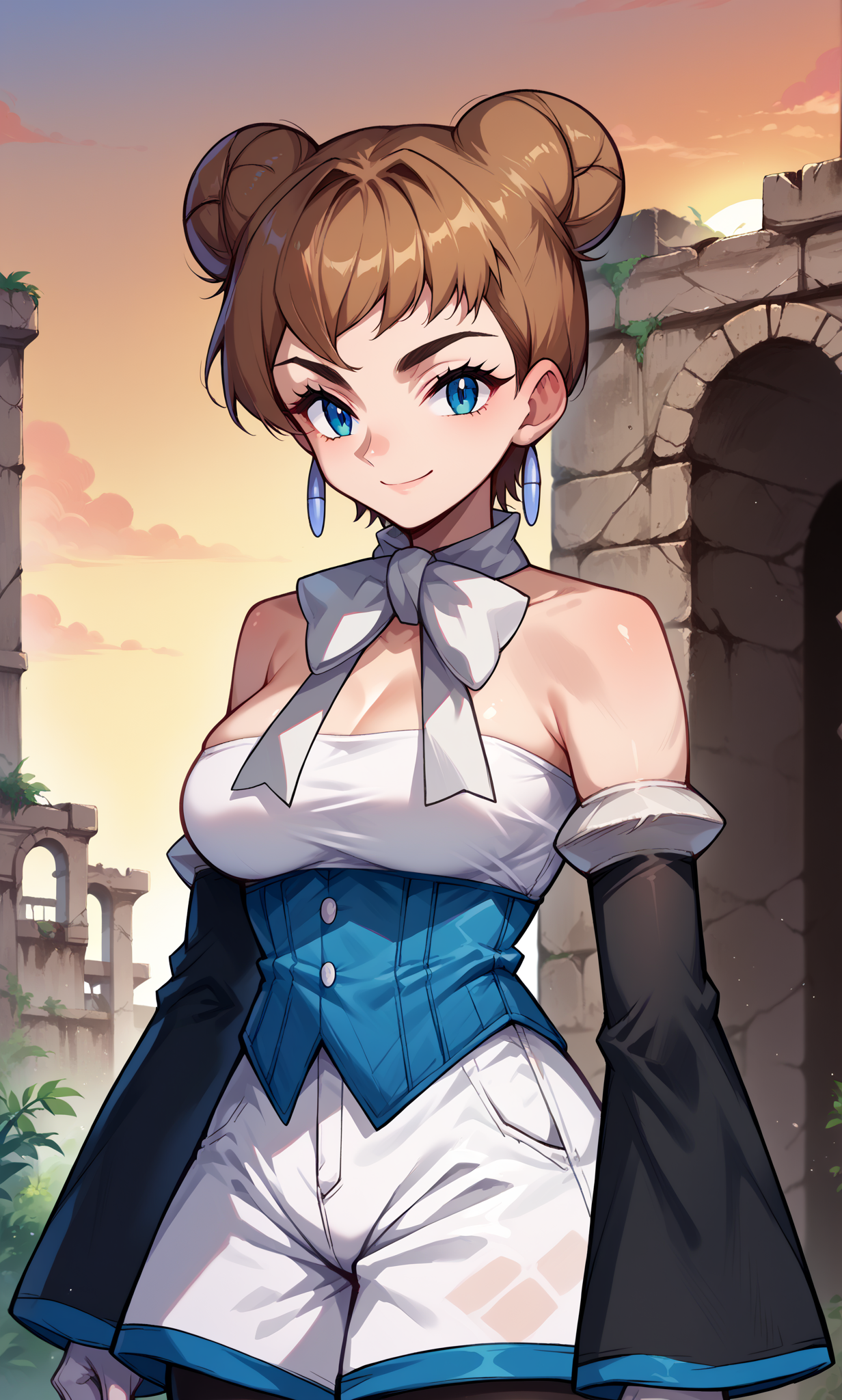score_9, score_8_up, score_7_up, score_6_up, source_anime, sheenapkmn, 1girl, solo, brown hair, short hair, triple bun, blue eyes, dangle earrings, white bowtie, white shirt, strapless shirt, white shorts, underbust, white gloves, elbow gloves, detached sleeves, black pantyhose, upper body, outdoors, ruins, sunset, looking at viewer, smile, closed mouth, arms at sides, big breasts