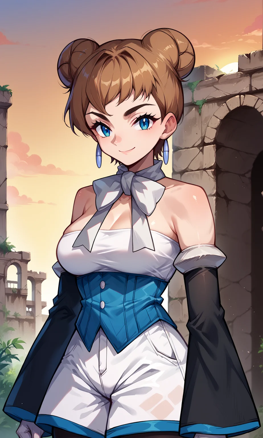 score_9, score_8_up, score_7_up, score_6_up, source_anime, sheenapkmn, 1girl, solo, brown hair, short hair, triple bun, blue eyes, dangle earrings, white bowtie, white shirt, strapless shirt, white shorts, underbust, white gloves, elbow gloves, detached sleeves, black pantyhose, upper body, outdoors, ruins, sunset, looking at viewer, smile, closed mouth, arms at sides, big breasts
