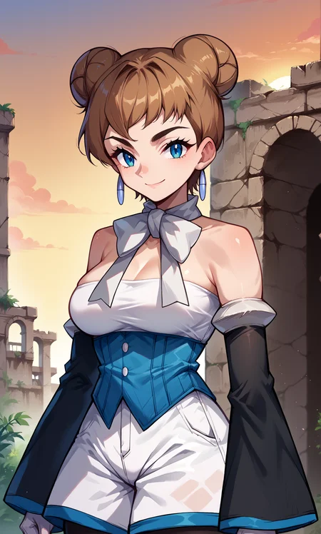 score_9, score_8_up, score_7_up, score_6_up, source_anime, sheenapkmn, 1girl, solo, brown hair, short hair, triple bun, blue eyes, dangle earrings, white bowtie, white shirt, strapless shirt, white shorts, underbust, white gloves, elbow gloves, detached sleeves, black pantyhose, upper body, outdoors, ruins, sunset, looking at viewer, smile, closed mouth, arms at sides, big breasts