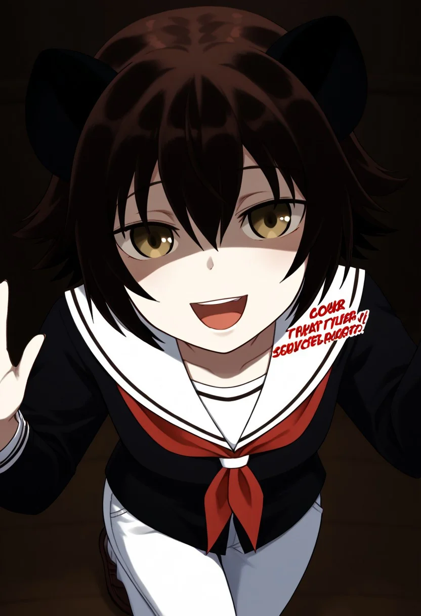 core_9, Score_8_up, Score_7_up, core_9, Score_8_up, Score_7_up, 1 girl, Yena Madaraba, short hair, brown hair, mottled hair, flat chest, (brown eyes: 1.1), pants, school uniform, black jacket, white pants with black polka dots, pants with black polka dots, shirt, long sleeves, brown shoes, big breasts, yandere, (shaded face: 0.7), (empty eyes: 0.7), head tilted, hands up, <lora:yandere_Pony_v1:0.7> from above, cinematic angle, looking up, dark personality, home economics room, open mouth, disheveled hair,