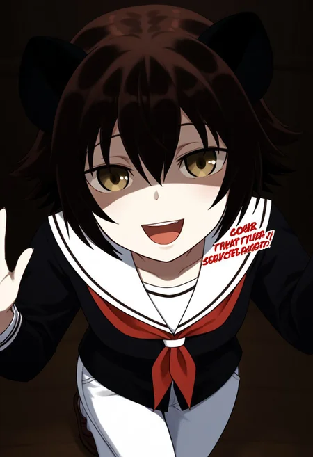 core_9, Score_8_up, Score_7_up, core_9, Score_8_up, Score_7_up, 1 girl, Yena Madaraba, short hair, brown hair, mottled hair, flat chest, (brown eyes: 1.1), pants, school uniform, black jacket, white pants with black polka dots, pants with black polka dots, shirt, long sleeves, brown shoes, big breasts, yandere, (shaded face: 0.7), (empty eyes: 0.7), head tilted, hands up, <lora:yandere_Pony_v1:0.7> from above, cinematic angle, looking up, dark personality, home economics room, open mouth, disheveled hair,