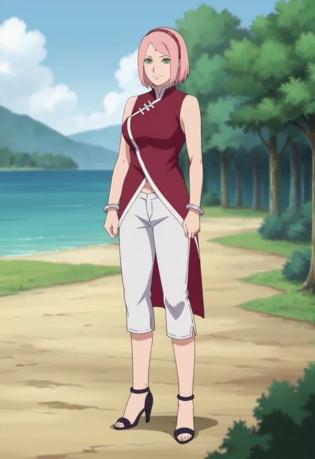 score_9, score_8_up, score_7_up, source_anime,anime screencap,anime coloring,intricate details,masterpiece, best quality,
uncensored,
mature female,
sakura, pink hair, 1girl, short hair, green eyes, facial mark, hairband, forehead mark, red hairband,short hair, large breasts,
japanese clothes, sleeveless,red shirt,bracelet,jewelry,pants,high heels,
smile, looking at viewer,
solo,
parody,
perfect anatomy,
scenery,outdoors, day,
<lora:Sakura NEW:0.9>,
<lora:anime-detailer-xl:2>,