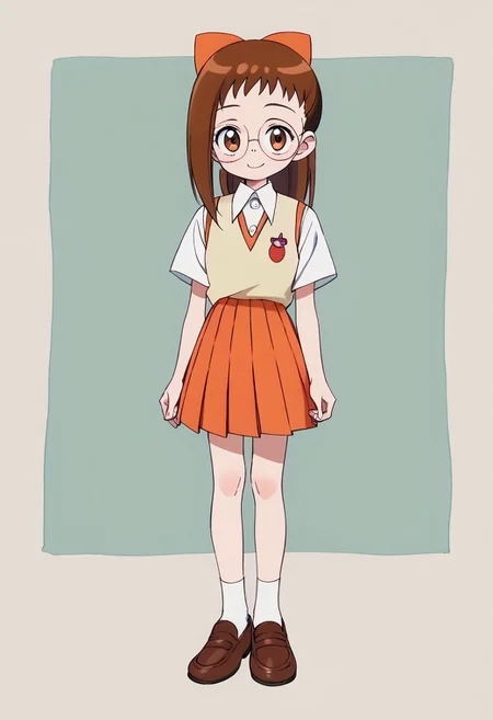 score_9, score_8_up, score_7_up BREAK Hazuki1, 1girl, brown hair, ponytail, brown eyes, glasses, orange bow, soft yellow waistcoat, short-sleeved collared white buttoned shirt, pleated orange skirt, socks, brown shoes, full body, smiling at viewer,