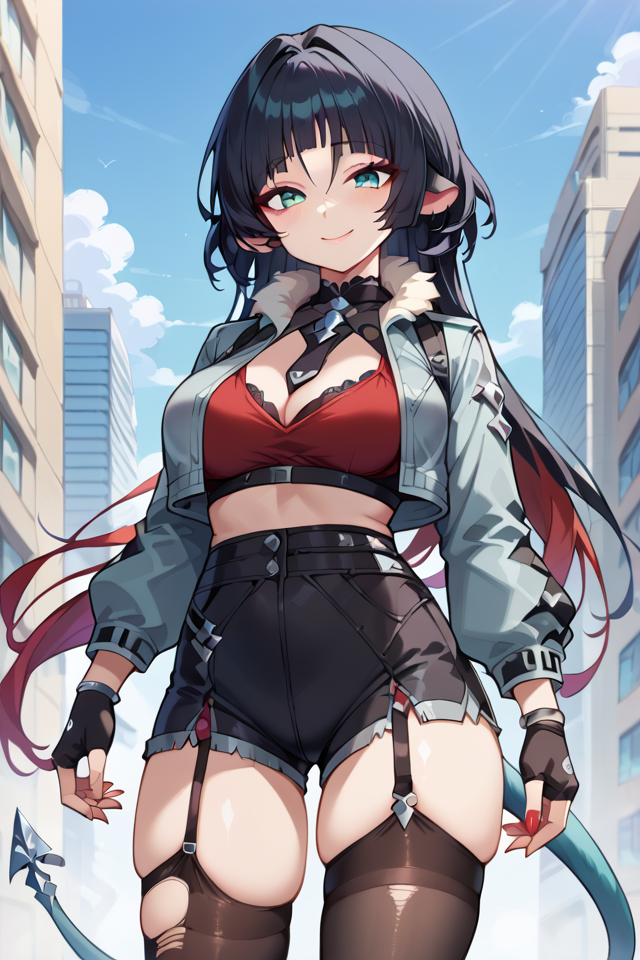score_9, score_8_up, score_7_up, 1girl, solo, jane doe (zenless zone zero), zenless zone zero, animal ears, (aqua eyes), black gloves, black hair, black pantyhose, black shorts, black thighhighs, cowboy shot, fake nails, fingerless gloves, fur-trimmed jacket, fur trim, garter straps, gloves, grey jacket, jacket, long hair, looking at you, multicolored hair, pantyhose, red hair, red nails, shorts, tail, thighhighs, thighs, torn clothes, torn pantyhose, torn thighhighs, two-tone hair, nature background, sexy, erotic, seductive smile, big breasts, <lora:Jane Doe ZzzPonyXL-10:0.7>