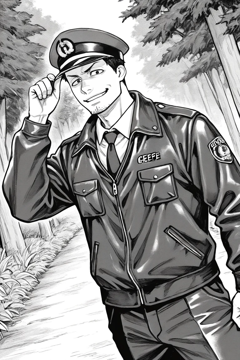 perfect anatomy, perfect proportions, best quality, masterpiece, high_resolution, high quality, best aesthetic, incredibly absurdres, highres, extremely detailed, huge filesize, mature, masculine, manly, virile, handsome, charming, alluring, bara, male focus, solo male, cowboy shot, dutch angle, source_manga \(Gannibal\), official style \(Gannibal\), Agawa Daigo \(Gannibal\), GNBAgawa, black hair, short hair, black eyes, facial hair, stubble, GNBAgawa_Outfit02, policeman, police uniform, Japanese police uniform, dark blue police peaked cap, white collared shirt, dark blue necktie, black leather jacket, dark blue pants, looking at viewer, adjusting headwear, smirk, rural, pastoral, forest, creep, suspense, horror, manga, greyscale, monochrome, manga brushwork style, traditional drawing