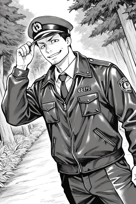 perfect anatomy, perfect proportions, best quality, masterpiece, high_resolution, high quality, best aesthetic, incredibly absurdres, highres, extremely detailed, huge filesize, mature, masculine, manly, virile, handsome, charming, alluring, bara, male focus, solo male, cowboy shot, dutch angle, source_manga \(Gannibal\), official style \(Gannibal\), Agawa Daigo \(Gannibal\), GNBAgawa, black hair, short hair, black eyes, facial hair, stubble, GNBAgawa_Outfit02, policeman, police uniform, Japanese police uniform, dark blue police peaked cap, white collared shirt, dark blue necktie, black leather jacket, dark blue pants, looking at viewer, adjusting headwear, smirk, rural, pastoral, forest, creep, suspense, horror, manga, greyscale, monochrome, manga brushwork style, traditional drawing