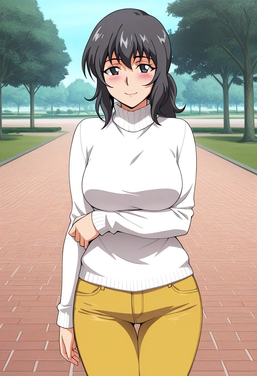 1girl, solo, masterpiece, best quality, source anime, sachi, black hair, black eyes, long hair, low ponytail, bangs, medium breasts, arm under breasts, white sweater, turtleneck, long sleeves, yellow pants, jeans, thigh gap, standing, closed mouth, smile, blush, outdoors, park, sky, cowboy shot, looking at viewer,ts, arms at sides, outdoors, park, sky, cowboy shot, looking at viewer, fullbody, white footwear, shoes