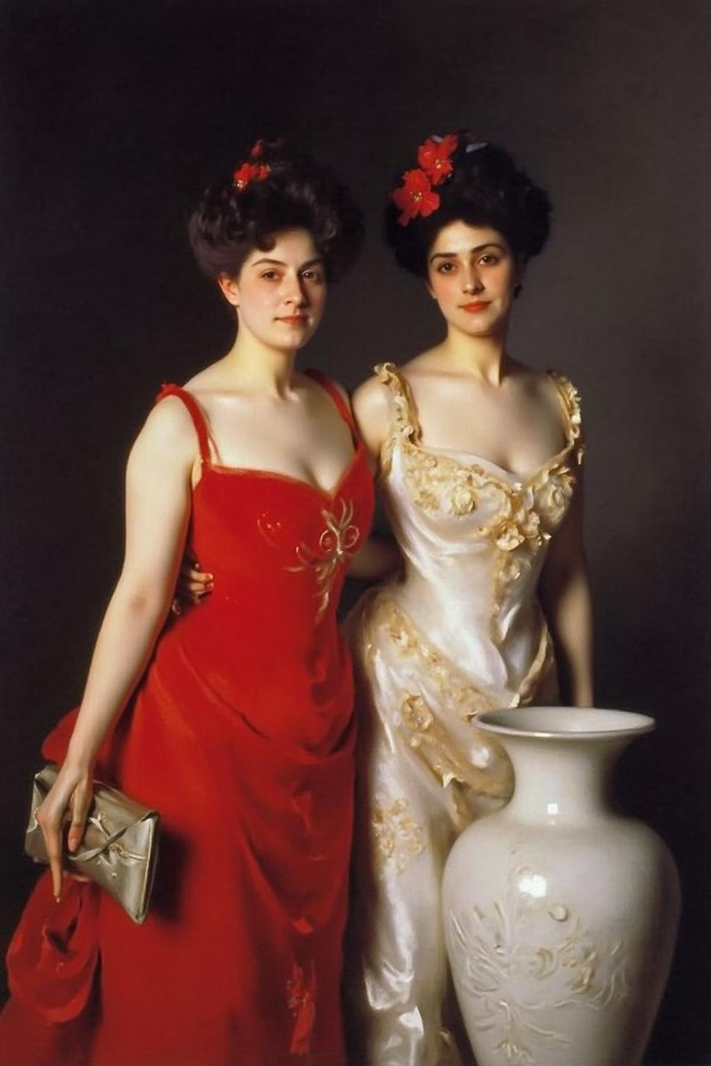 johnss1 painting.
Captured at eye-level, a portrait of two women, painted in a traditional fashion, pose for the camera. The woman on the left is wearing a sleeveless red dress, while the other woman is on the right. Both women are dressed in a white dress, adorned with gold accents. Her hair is adorned with a red flower, adding a touch of beauty to the scene. The backdrop is a dark gray, with a large white vase in the foreground.
 <lora:johnss2_cap_d6a3:1.0><lora:829181803718847997:0>