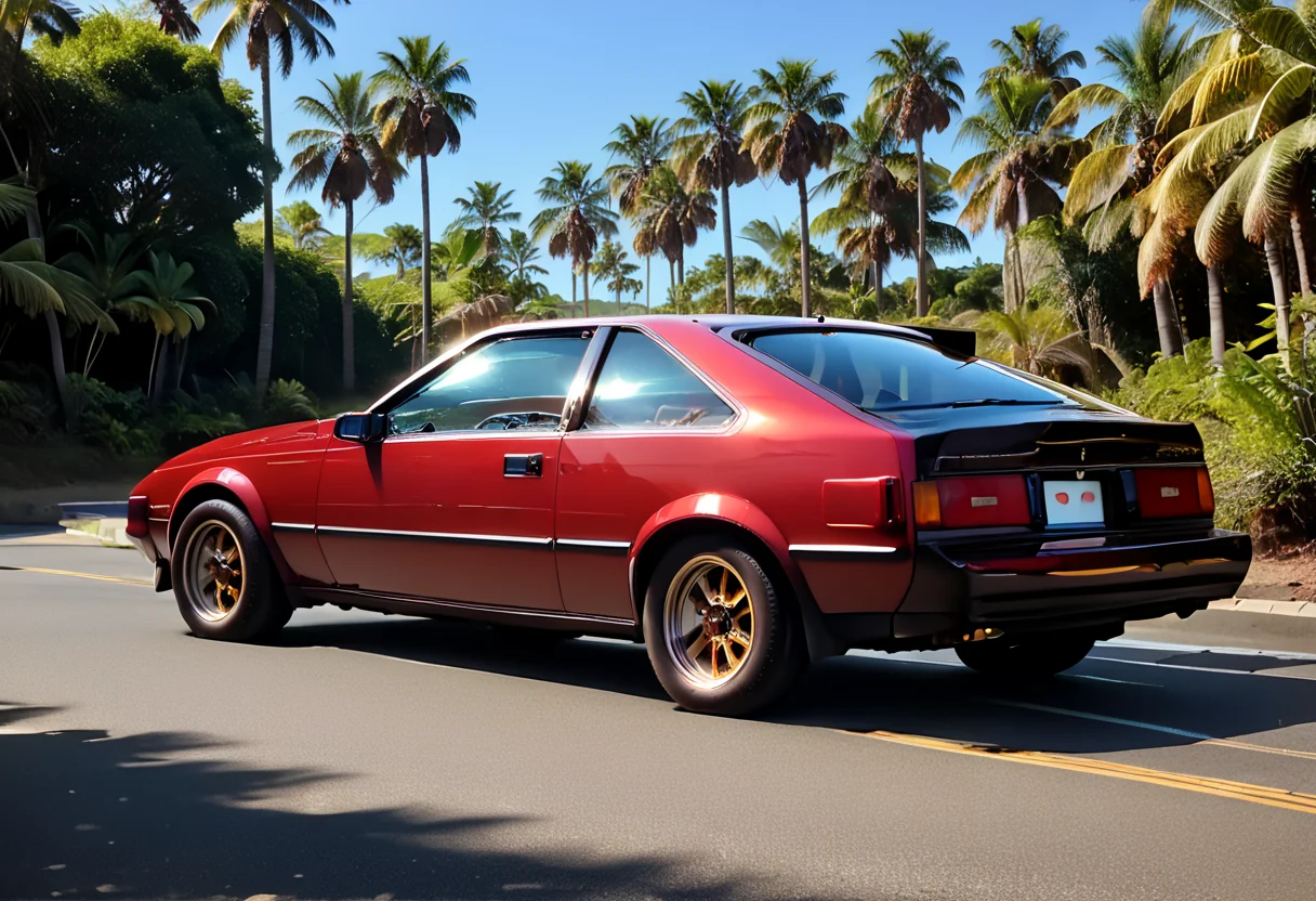 score_9,score_8_up,score_7_up,source_real,masterpiece,highest quality,detailed illustration of a car,absurd,realstic,8K,palm trees,dramatic lighting,high contrast,decorative,atmospheric,haunting beauty,texture,(dynamic angle),realistic,real,on road,
perfect composition,sharp focus,exquisite details,highly detailed,sunny sky,high speed driving,,red car,,A60 driving,<lora:A60_pony:1.1>,headlight,black liftback,from back view,