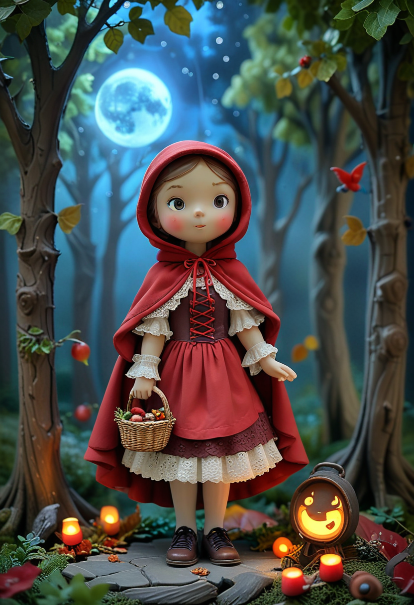 masterpiece, best quality, (curious red riding hood) young character, wearing a dark red hooded cape, lace-up bodice, long skirt with lace trim, leather shoes , bonnet, set in  a serene woods, with rustling leaves, dappled sunlight, a gentle breeze, birds singing, and a sense of peace, under the moonlight, at night, smiling