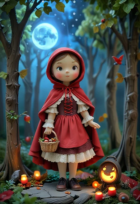 masterpiece, best quality, (curious red riding hood) young character, wearing a dark red hooded cape, lace-up bodice, long skirt with lace trim, leather shoes , bonnet, set in a serene woods, with rustling leaves, dappled sunlight, a gentle breeze, birds singing, and a sense of peace, under the moonlight, at night, smiling