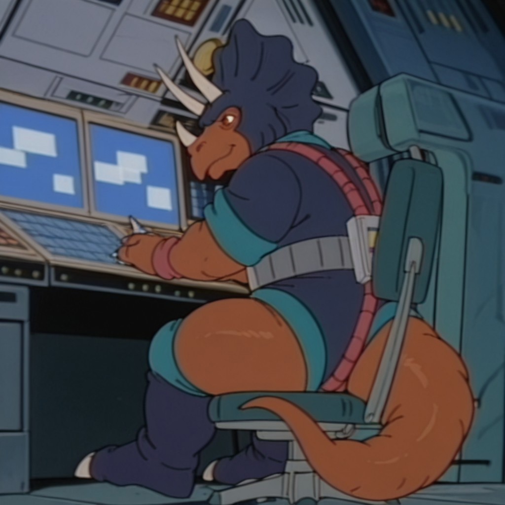 masterpiece, best quality, amazing quality, TriceroDsil, anthro, male, Triceratops, brown skin, brown eyes, dark blue helmet, dark blue bodysuit, teal trim, rolled sleeves, red wristbands, teal kneepads, dark blue boots, claws, claws,  solo, 1boy, full body, sitting, inside, on chair, at computer