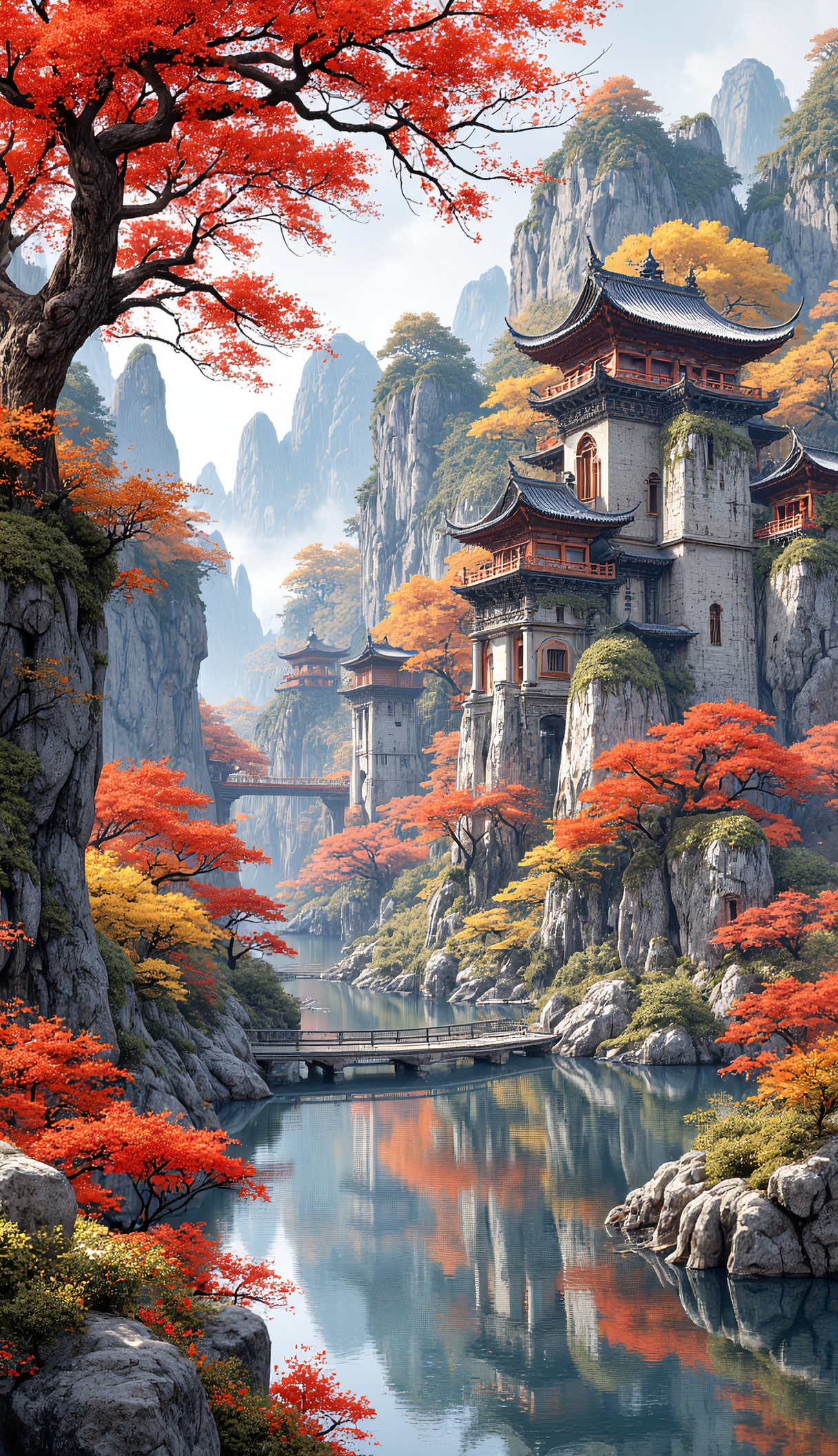 The gorgeous watercolor paintings designed by AI show a palace-level design sense and are pleasing to the eye. The design color is mainly red yellow orange like Autumn landscape.