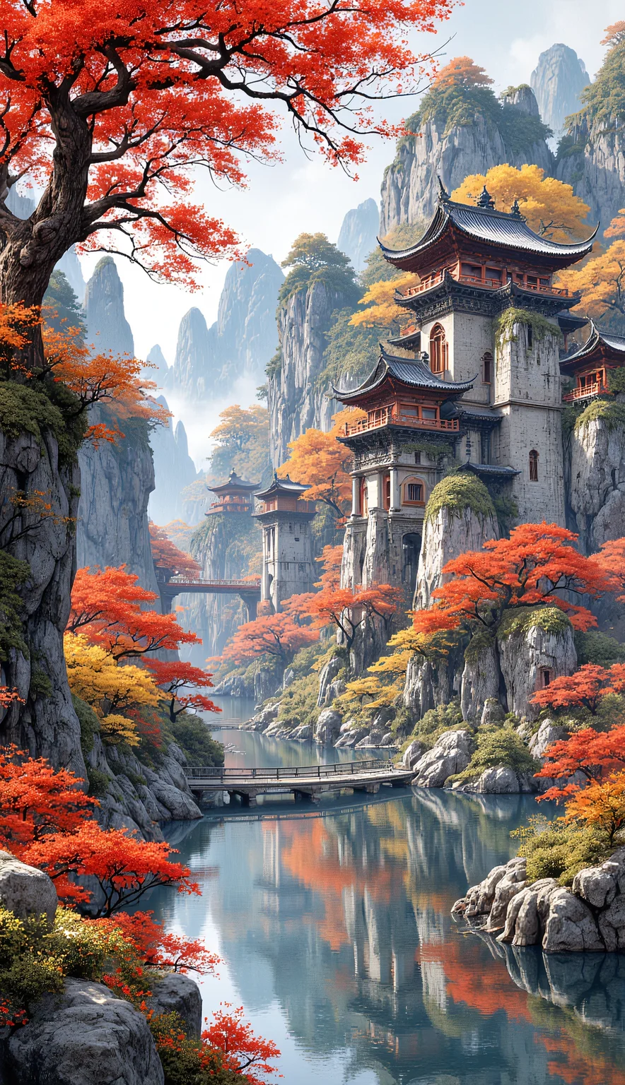 The gorgeous watercolor paintings designed by AI show a palace-level design sense and are pleasing to the eye. The design color is mainly red yellow orange like Autumn landscape.