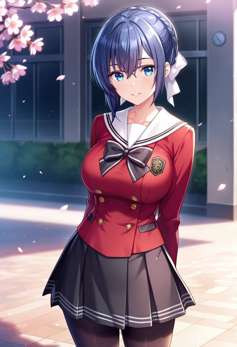 masterpiece, best quality, amazing quality,tsugumi kusakabe, blue eyes, short hair, blue hair, french braid, single hair bun, hair ribbon, 1girl, solo, breasts,glasses,black skirt,large breasts, pleated skirt,black bow,long sleeves, black pantyhose, school uniform, white sailor color, red jacket, parted lips, light smile, standing, looking at viewer, cowboy shot, blurry background, outdoors, school, cherry blossoms <lora:tsugumi kusakabeV1:0.8>