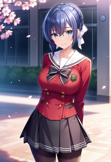 masterpiece, best quality, amazing quality,tsugumi kusakabe, blue eyes, short hair, blue hair, french braid, single hair bun, hair ribbon, 1girl, solo, breasts,glasses,black skirt,large breasts, pleated skirt,black bow,long sleeves, black pantyhose, school uniform, white sailor color, red jacket, parted lips, light smile, standing, looking at viewer, cowboy shot, blurry background, outdoors, school, cherry blossoms <lora:tsugumi kusakabeV1:0.8>