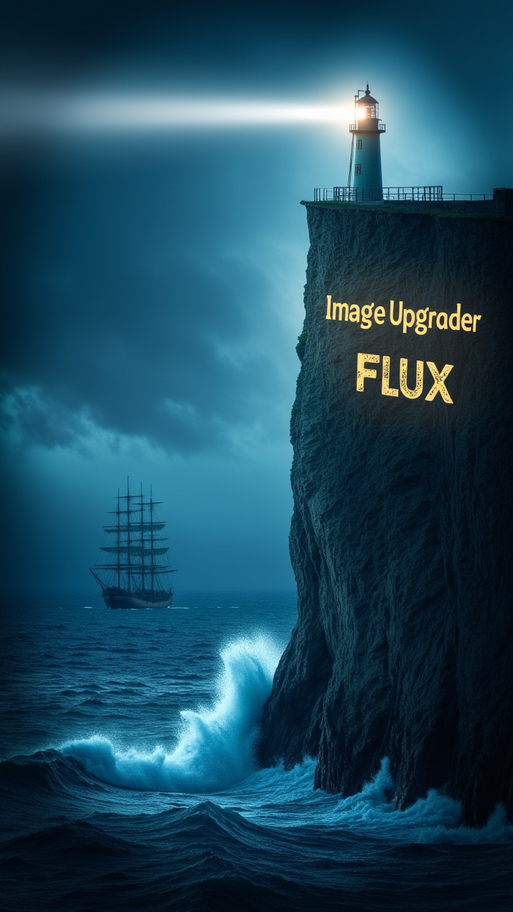 A dramatic ocean scene with crashing waves and a lighthouse standing tall on a cliff. In the distance, a lone ship battles the stormy seas. Carved into the side of the cliff, illuminated by the lighthouse beam, is the Text: "Image Upgrader FLUX", serving as a guiding message in the storm.