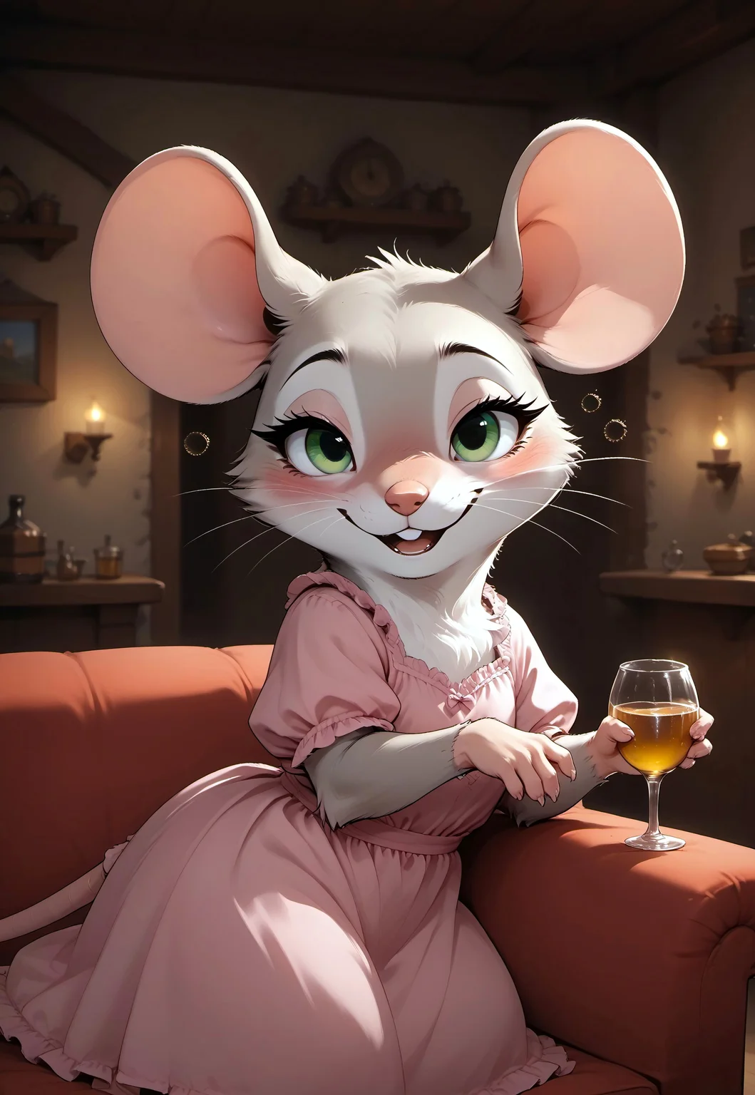 score_9, score_8_up, score_7_up, score_6_up, score_5_up, score_4_up, 
[][][][],
m0use_goldie, 
[][][][],
(solo), (cute, feral), (drunk:2), (bedroom eyes:1.5), look at viewer, (open mouth:0.7), (grey fur, green eyes, pink nightgown), holding wine glass,
[][][][],
cottage, bedroom, (side view, head focus), sofa, lying back, (candlelight, dark, night),