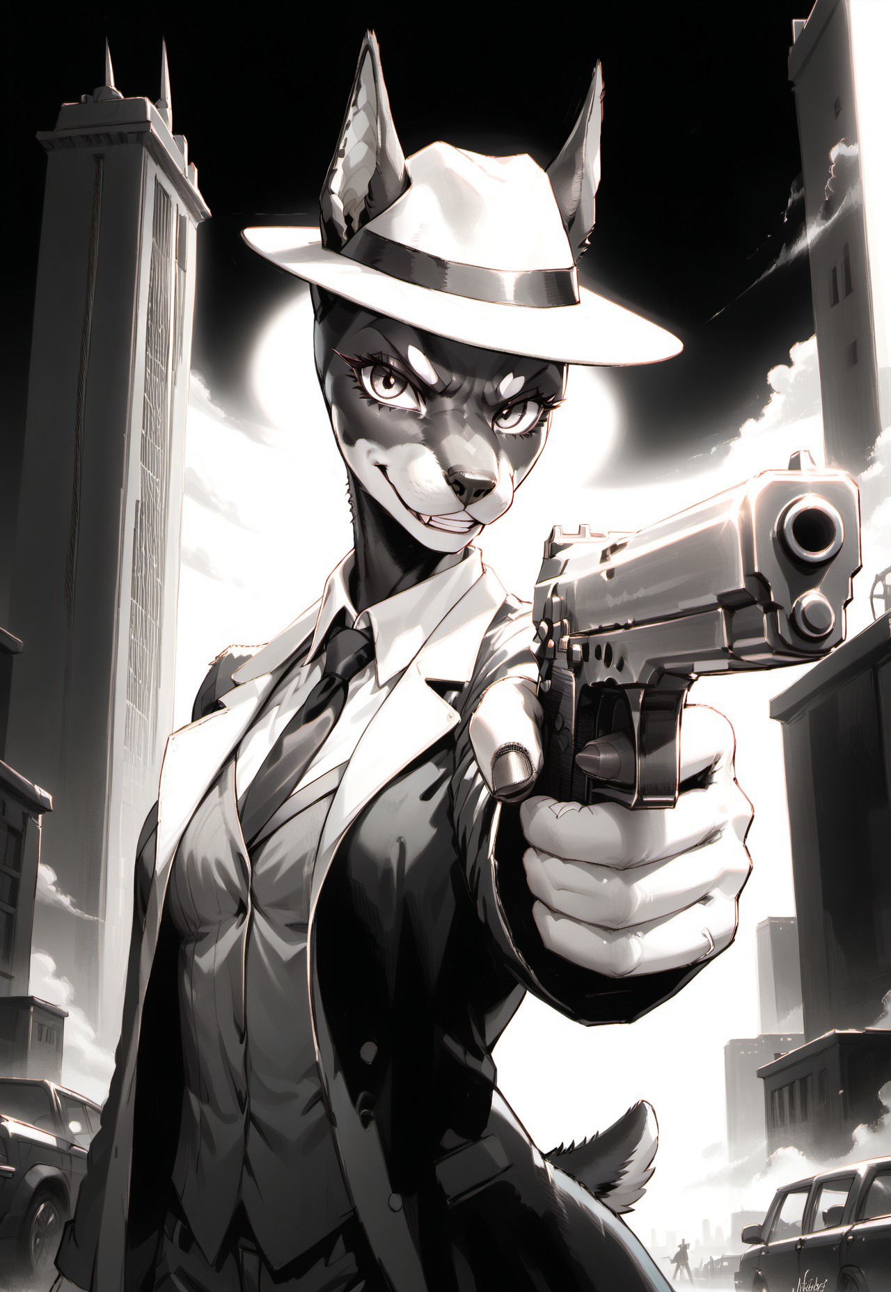 safe_pos, score_9, score_8_up, score_7_up, highres, high quality, perfection, masterpiece, Expressiveh,
1920s, (black and white), (monochrome), high contrast,
1girl, solo, no humans, front view, portrait, face focus,
outdoors, city, night,
furry female, (anthro dobermann girl: 1.2), detailed fur, beautiful girl, cute girl, young adult, youthful, petite girl, (bald girl, bald head), detailed face, beautiful face, eyelashes, perfect eyes, detailed eyes, medium breasts, detailed hands,
mafi4, necktie, gloves, suit, fedora, white shirt, black vest, black pants, coat on shoulders,
dynamic pose, standing, looking at viewer, evil grin, holding weapon, holding gun, pointing gun at viewer, right pistol,