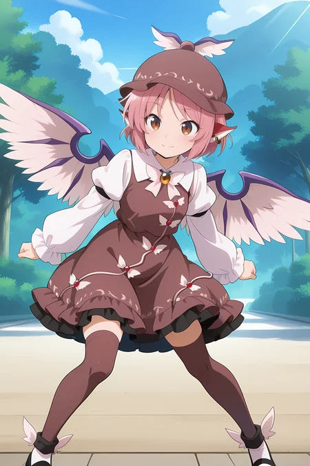 absurdres, highres, masterpiece, best quality, amazing quality, official anime artwork, screencap, anime screencap, outdoors, dynamic pose, light smile,
 <lora:Mystia-Lorelei_Illustrious:1> mystia lorelei, 1girl, solo, brown eyes, pink hair, short hair, animal ears, earrings, wings,, hat, winged hat, brown dress, puffy sleeves, juliet sleeves, brown thighhighs, black footwear,
