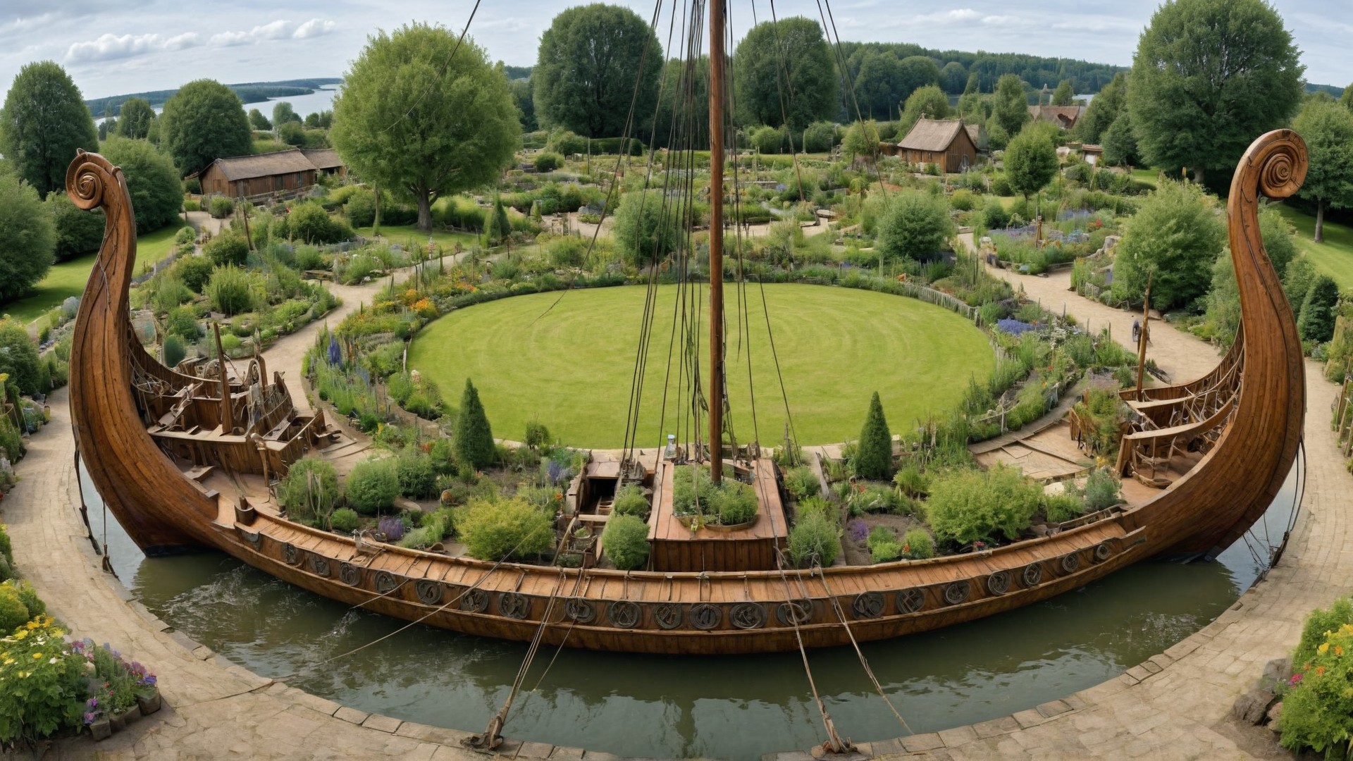 fisheye view of a Viking ship sailing in a garden landscape, summer, wartorn, intricate, crisp lines <lora:Viking_Ship:1>