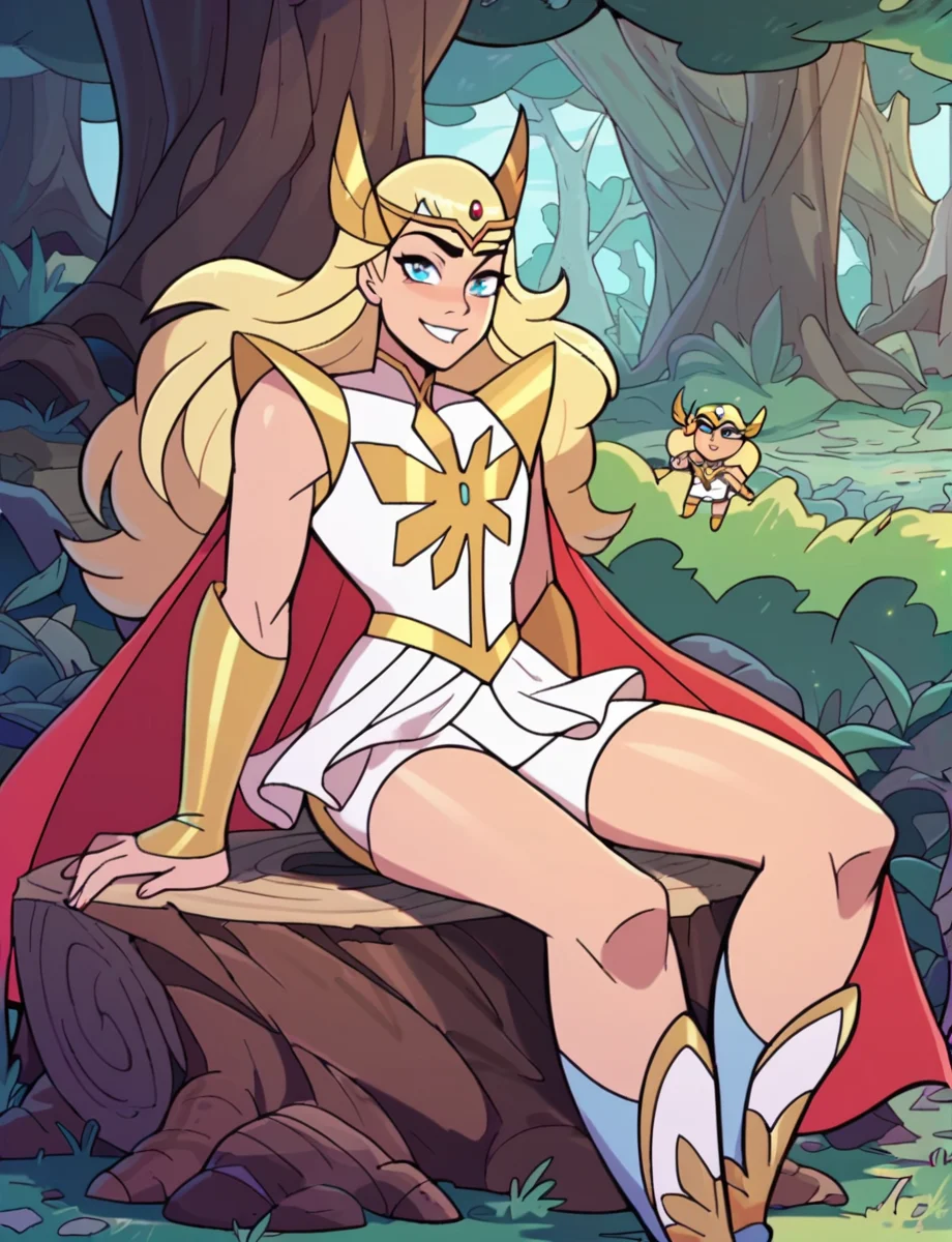 score_9, score_8_up, score_7_up, score_6_up, <lora:Pony_DetailV2.0:0.6>, perfect lighting, <lora:shera:0.85> 1girl, long hair, blonde hair, blue eyes, armor, shoulder armor, cape , red cape, skirt, shorts, boots, tiara, shorts under skirt, outside, forest, stump, smile, pleased, smug, looking at viewer, sitting,