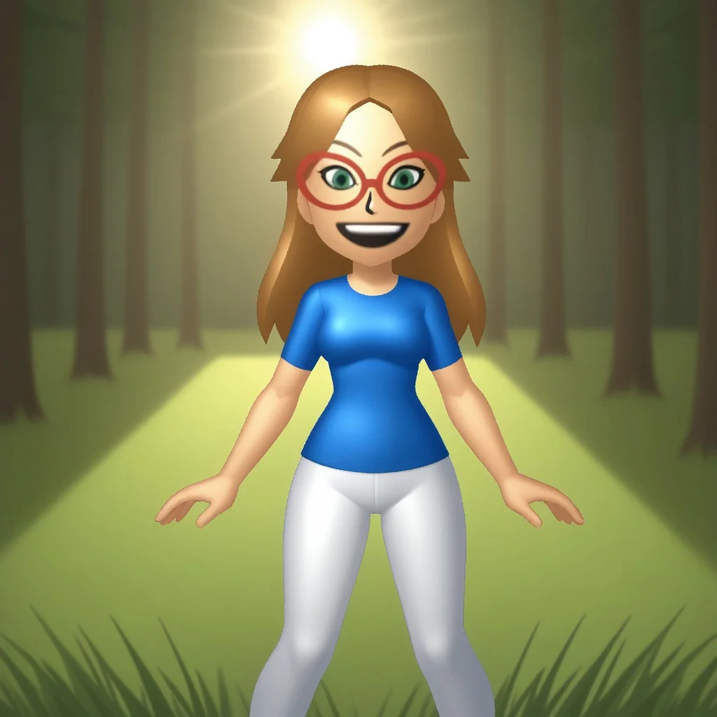 score_9, score_8, BREAK, solo, wii, mii, wii sports, 1girl, female mii, green eyes, dark blonde hair, brown eyebrows, red glasses, open mouth, dark blue clothing, white pants, flip flops, nintendo mii, modern_mii, classic_mii, breasts, ashley_(wii_sports), cute, sexy pose, smile, outdoors, sunlight, shadows, evening lighting, natural lighting, forest, trees, grass, orange sky, sunset