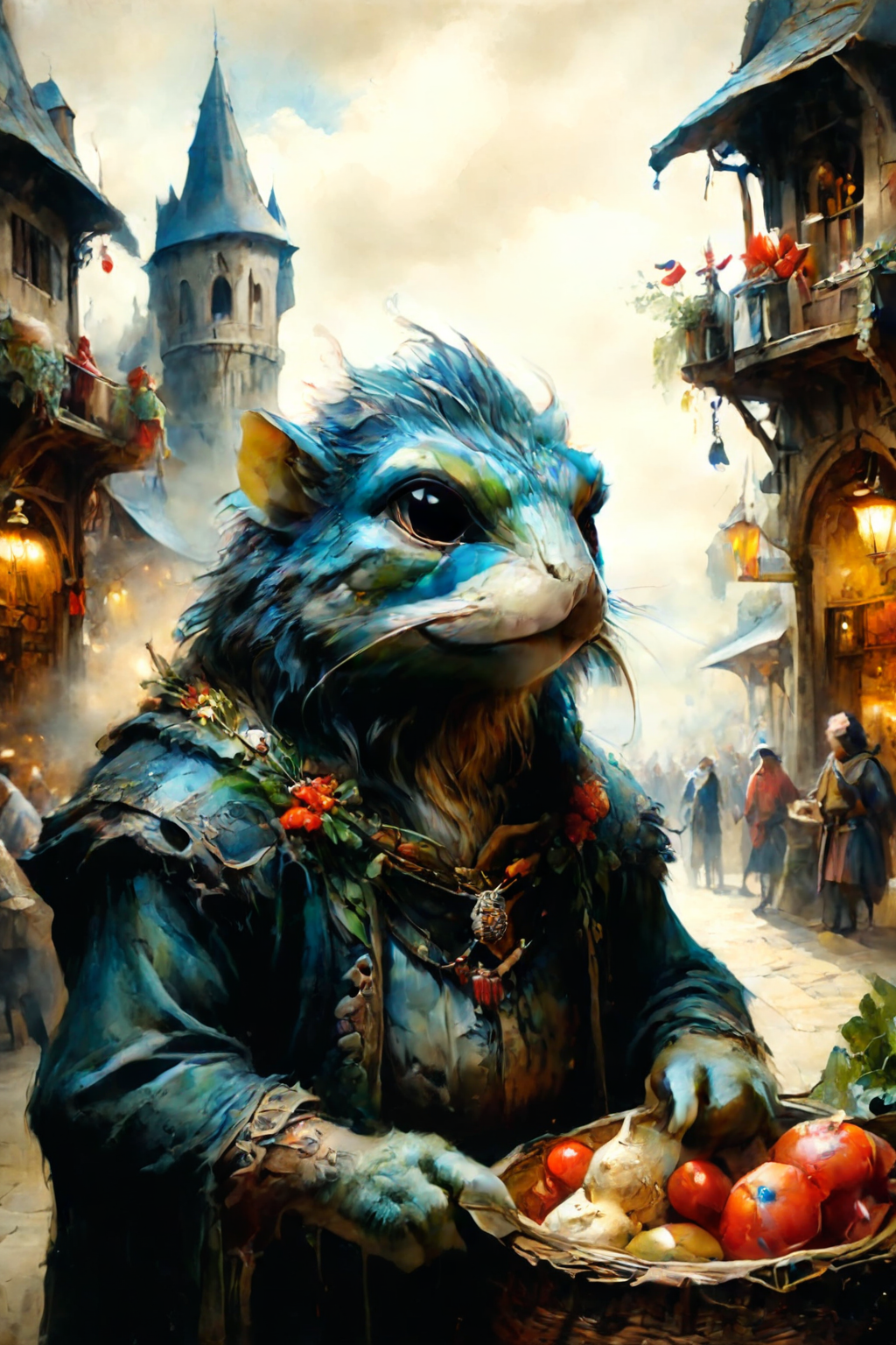 Detailed digital portrait of a  <lora:ral-mythcr:0.7> kappa at a Bustling medieval market square, <lora:Ethereal_Grace:0.7>,  <lora:ParchartXL-1.5:0.7> on parchment,  <lora:xl_more_art-full_v1:0.5>, <lora:tranzp-sdxl:0.7> tranzp