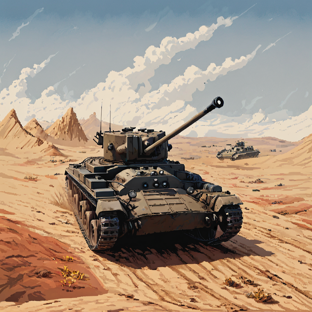 A tank navigating the harsh Libyan desert under a blazing sun during the North African Campaign. Sandstorms swirl around its sturdy frame, with the tank leaving deep tracks in the sand as it advances towards a distant enemy position, mirroring the challenging conditions faced by Allied forces  ((pulp_comic, heavy_lines, hand_drawn, hand_inked, hand_colored, perfect_face, apxlz))