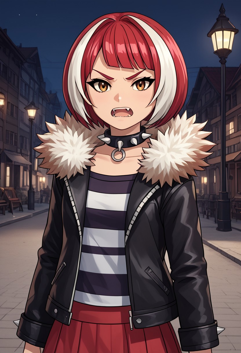 score_4,score_5,score_6,score_7_up,score_8_up,score_9
((masterpiece,best quality,ultra detailed,highres,HD,4k:1.2)),
Gibril(normal), 1 girl, solo, striped white hair, short hair, bob cut, bangs, multi-colored hair, red hair, fangs, teeth, brown eyes,
jacket,spikes,collar,fur trim,spiked collar,striped shirt,black jacket,shirt,studded collar,red skirt,short skirt,
Moonlight, moonlight, ight, street light
frown,open mouth,looking at viewer,