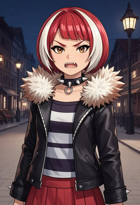 score_4,score_5,score_6,score_7_up,score_8_up,score_9
((masterpiece,best quality,ultra detailed,highres,HD,4k:1.2)),
Gibril(normal), 1 girl, solo, striped white hair, short hair, bob cut, bangs, multi-colored hair, red hair, fangs, teeth, brown eyes,
jacket,spikes,collar,fur trim,spiked collar,striped shirt,black jacket,shirt,studded collar,red skirt,short skirt,
Moonlight, moonlight, ight, street light
frown,open mouth,looking at viewer,